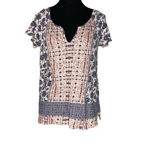 LUCKY BRAND Mix Print Floral Hippie Top Short Sleeve Boho Flowy Loose Sz Small